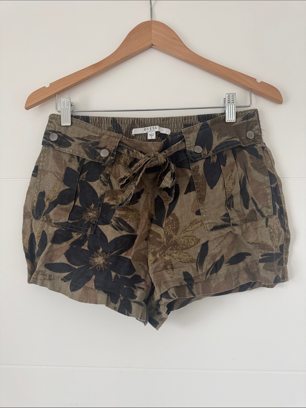 GUESS Olive and Black Floral Tie-Waist Bermuda Shorts